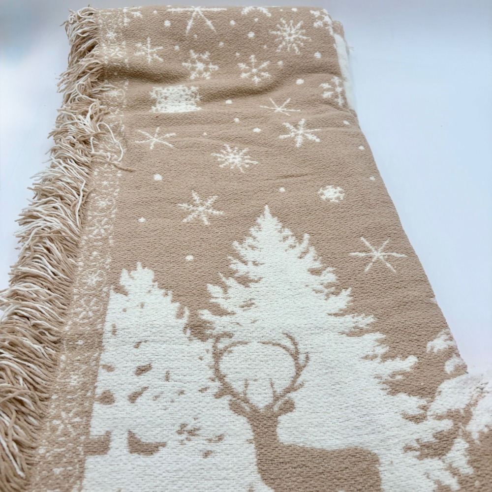 Aspen Decorative Christmas Throw Blanket Neutral Tan Cream Trees Deer Cabin - Picture 4 of 9
